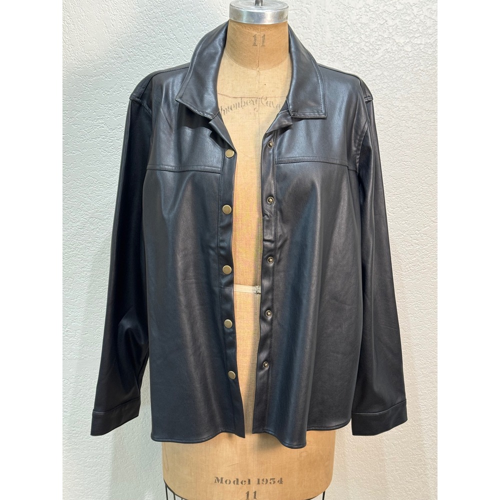 Mud Pie Womens Black Faux Vegan Leather Snap Front Shacket Jacket Large